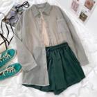 Long-sleeve Sheer Shirt / Tank Top / Wide Leg Shorts