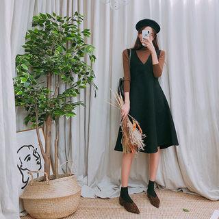 Set: Turtleneck Knit Top + A-line Pinafore Dress