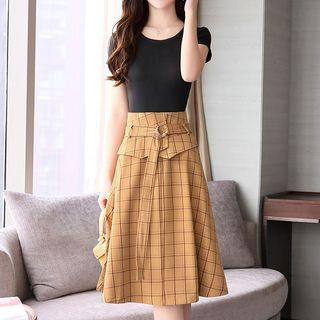 Set: Crew-neck Short-sleeve T-shirt + Plaid A-line Skirt