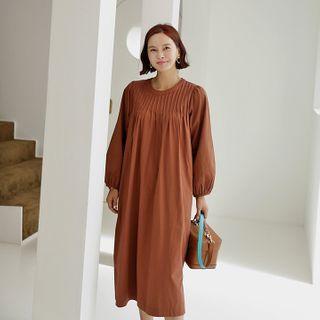 Balloon-sleeve Pintuck Long Shift Dress