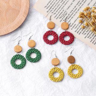 Wooden Disc Woven Hoop Dangle Earring