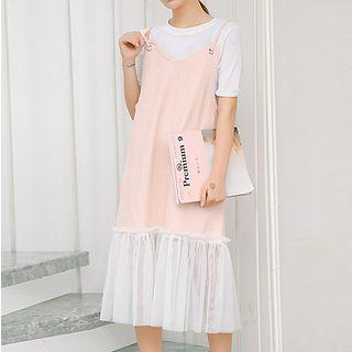 Mesh Panel Spaghetti Strap Midi Dress