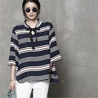 Tie-front Striped A-line Top Navy Blue - One Size