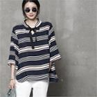 Tie-front Striped A-line Top Navy Blue - One Size