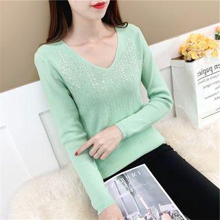 Rhinestone Long-sleeve Knit Top