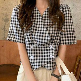 Short-sleeve Asymmetrical Plaid Shirt