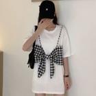 Mock Two-piece Short-sleeve Gingham T-shirt
