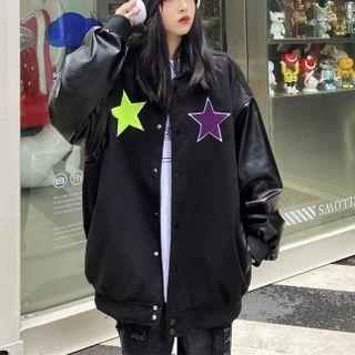 Star Print Faux Leather Panel Baseball Jacket