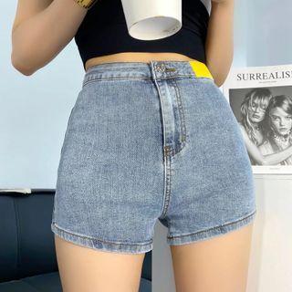 High Waist Label Applique Denim Hot Pants