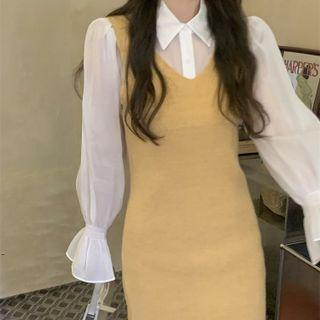 Plain Knit Tank Dress / Puff Long-sleeve Ruffle Trim Plain Blouse
