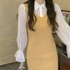 Plain Knit Tank Dress / Puff Long-sleeve Ruffle Trim Plain Blouse
