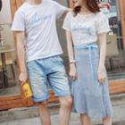 Couple Matching Lettering Short-sleeve T-shirt / Set: Lace Short-sleeve Top + Flounced Midi Skirt