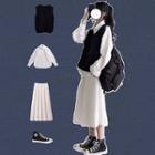Set: Long-sleeve Shirt + Knit Vest + A-line Skirt