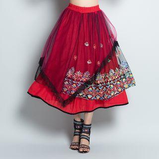 Embroidered Lace Trim Midi A-line Skirt Red - One Size