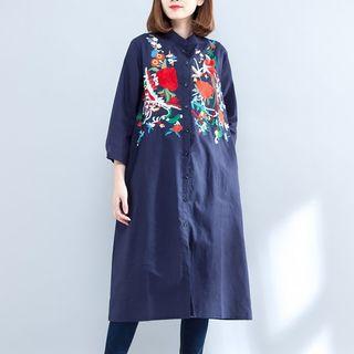 Floral Embroidered Mandarin Collar Long Shirt