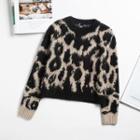 Mock Neck Leopard Cropped Sweater Leopard Pattern - One Size