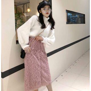 Mock Neck Knit Top / Furry Knit A-line Skirt