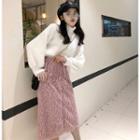 Mock Neck Knit Top / Furry Knit A-line Skirt