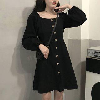 Balloon-sleeve Mini A-line Dress Black - One Size
