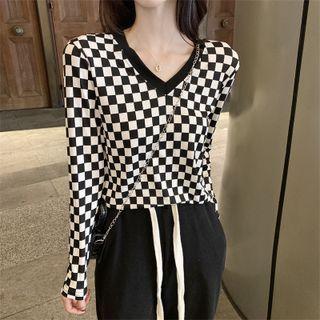 Long-sleeve V-neck Check T-shirt