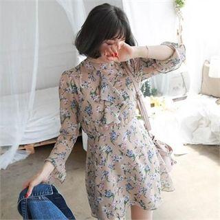 Jabot Tie-waist Floral Chiffon Dress