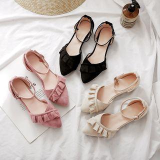 Ruffle Pointed Block Heel Sandals