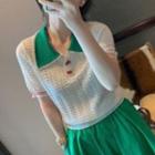 Short-sleeve Collared Knit Top Green Collared - White - One Size