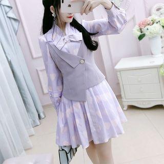 Set: Long-sleeve Heart-pattern Mini A-line Dress + Vest