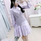Set: Long-sleeve Heart-pattern Mini A-line Dress + Vest