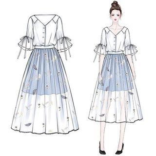 Set: Ruffled Shirt + Embroidered Mesh Skirt