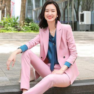 Double-breasted Blazer / Long-sleeve Blouse / Fitted Skirt / Dress Pants / Set