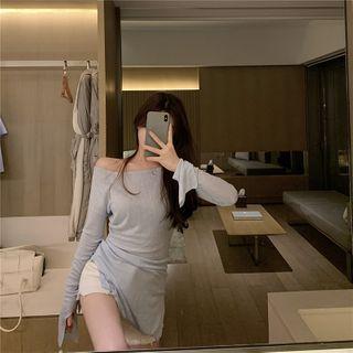 Bell-sleeve Long-sleeve Asymmetric Top Light Blue - One Size
