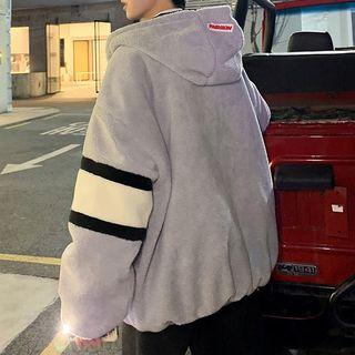 Faux-shearling Color Block Hooded Padded Jacket
