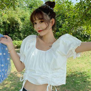 Puff Sleeve Drawstring Cropped Blouse