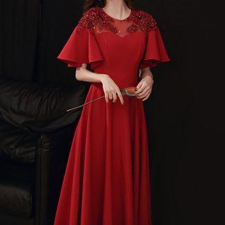 Ruffle Trim Short-sleeve A-line Evening Gown