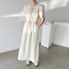 Puff-shoulder Drawcord-waist Long Dress