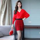 Set: V-neck Mini Bodycon Sweater Dress + Pleated Midi A-line Mesh Skirt