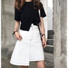 Side Tie Short-sleeve T-shirt / Denim A-line Skirt