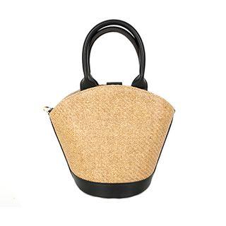 Faux-leather Trim Woven-rush Tote
