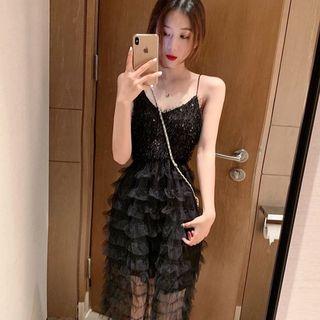 Spaghetti-strap Tiered Midi Cocktail Dress