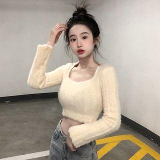 Long-sleeve Scoop-neck Fluffy Crop Top Yellow - One Size