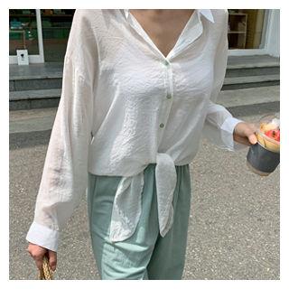 Drop-shoulder Tie-front Shirt White - One Size