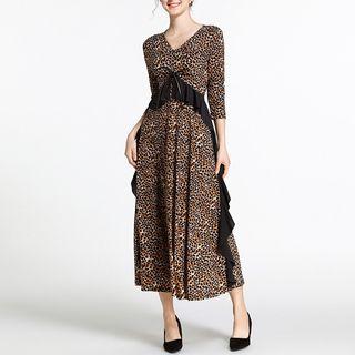 3/4-sleeve Leopard Print Ruffled A-line Midi Dress