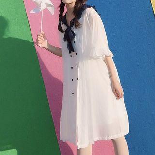 Elbow-sleeve Frill Trim Color Block Double Breasted Dress