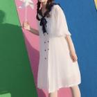 Elbow-sleeve Frill Trim Color Block Double Breasted Dress