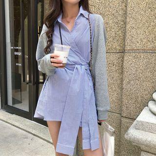 Mock Two-piece Long-sleeve Striped A-line Mini Dress As Shown In Figure - One Size