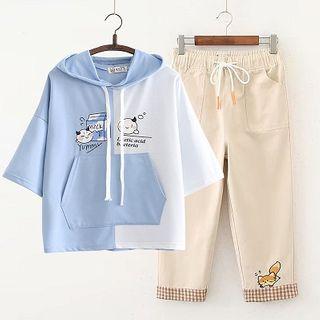 Printed Hooded Elbow-sleeve T-shirt / Cropped Straight-fit Pants / Set