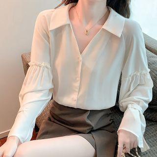 Long-sleeve Frill Trim Open-collar Blouse