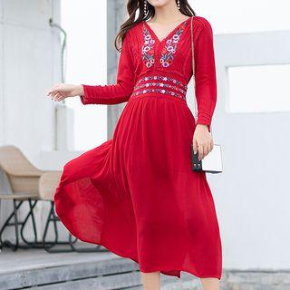 Floral Embroidered Long-sleeve Midi A-line Dress