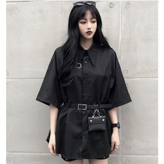 Set: 3/4-sleeve Shirt + Faux Leather Belt + Pouch